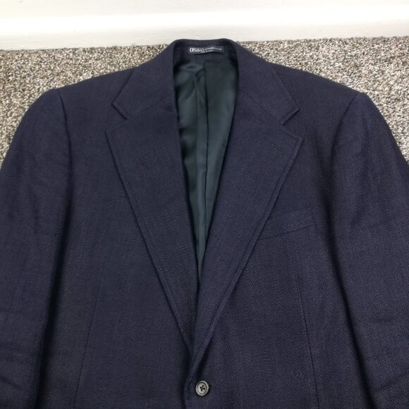 Polo Ralph Lauren Corneliani Blazer Sport Coat Flax Linen Blue Herringbone 44R - Picture 2 of 13